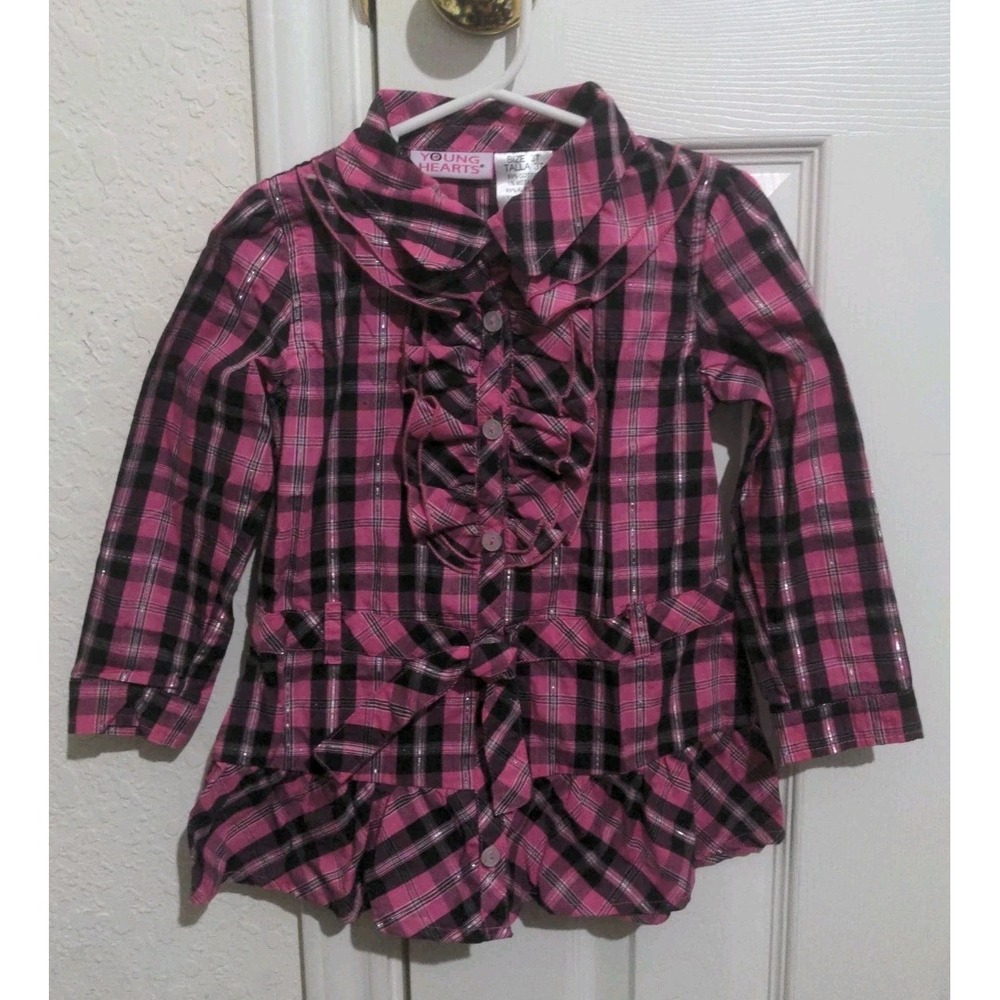 Young Hearts Toddler Girl Pink & Black Western Plaid Top. Size 3